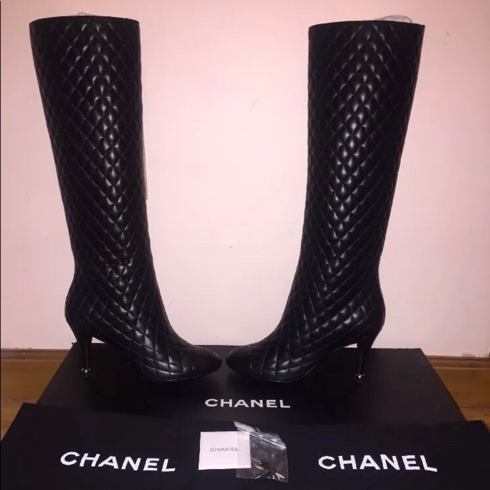 CHANEL tall leather quilted boots Lambskin